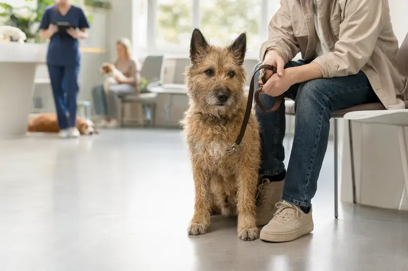 Ein Belgischer Schäferhund (Laekenois) sitzt ruhig neben seinem Besitzer im hellen Wartezimmer einer modernen Tierarztpraxis.